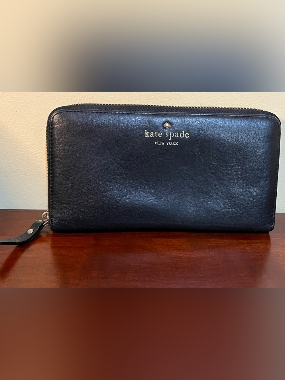 kate spade Black Leather Zip-Around Wallet with Gold Logo